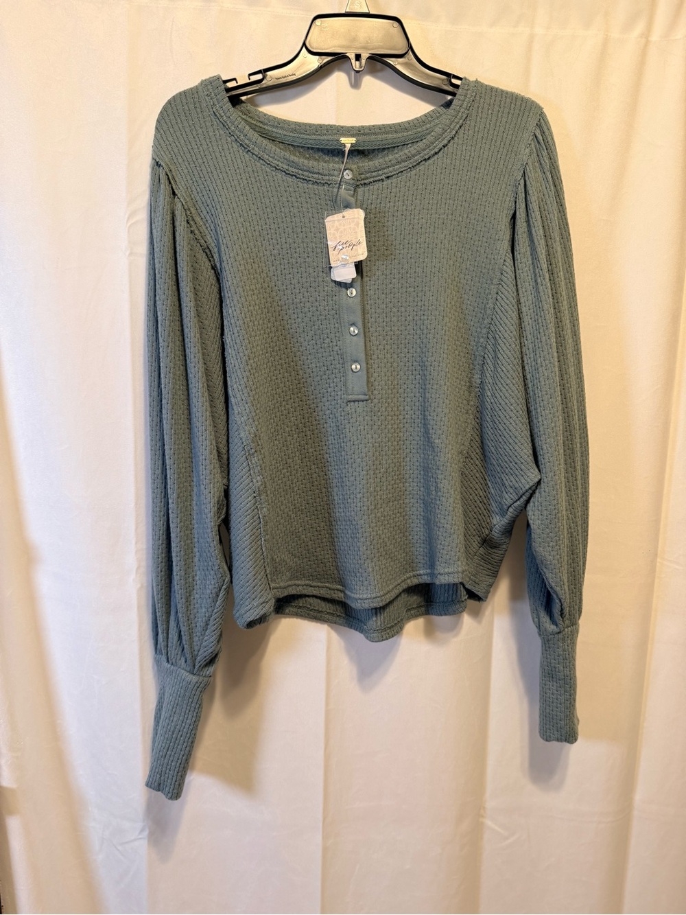 NWT Free People Waffle Henley Long-Sleeve Top in Sage Green